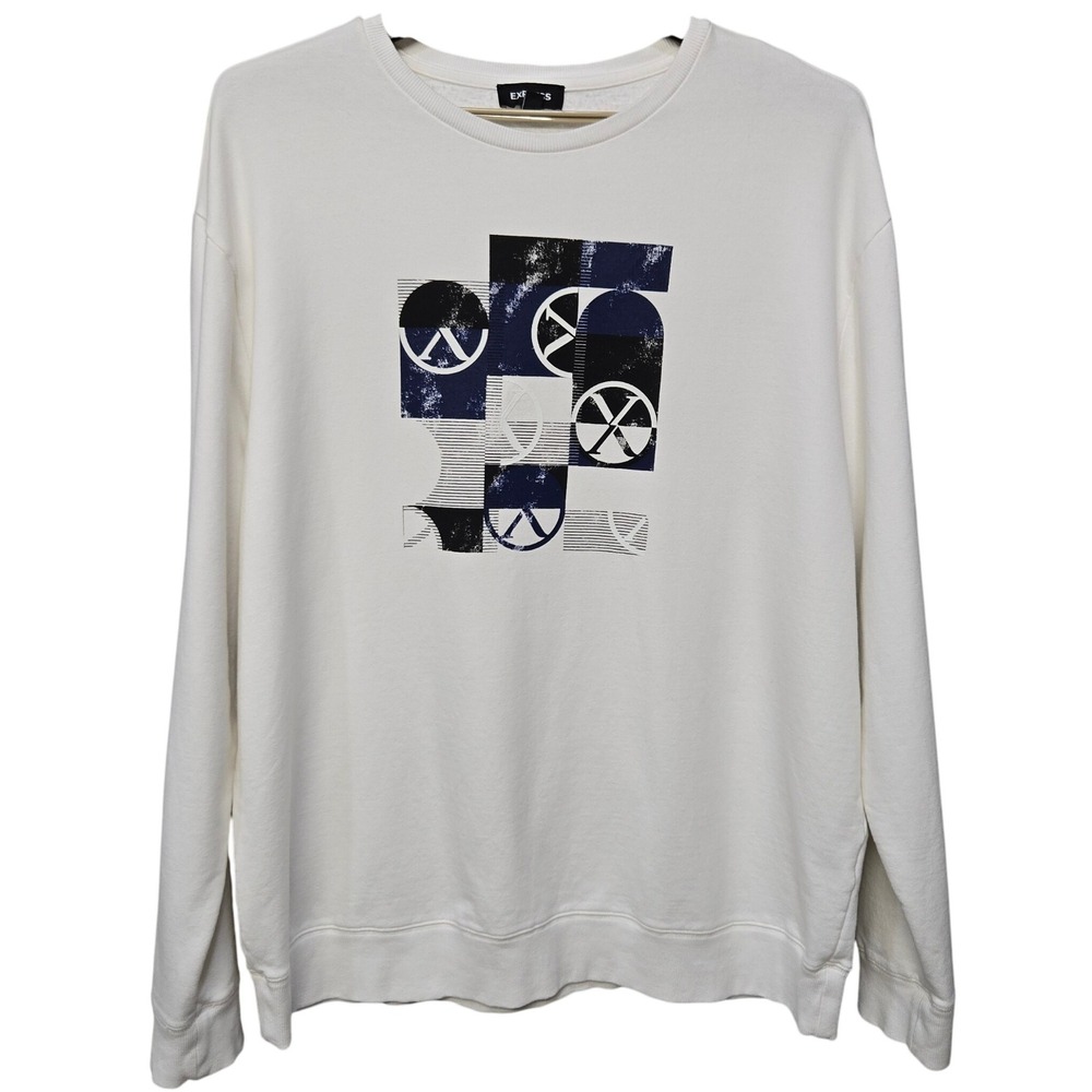 Express Crew Neck Sweatshirt Men XL White Logo Graphic Print Fleece Lined Lounge